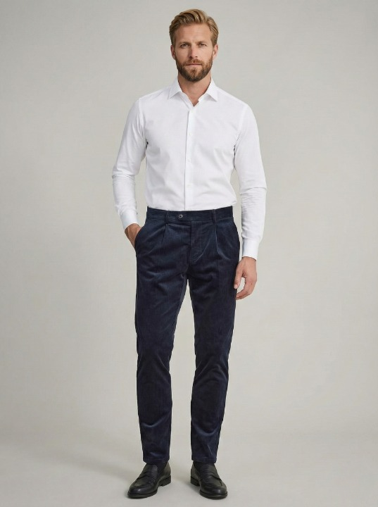 Navy Blue Corduroy Pants Tailored Fit